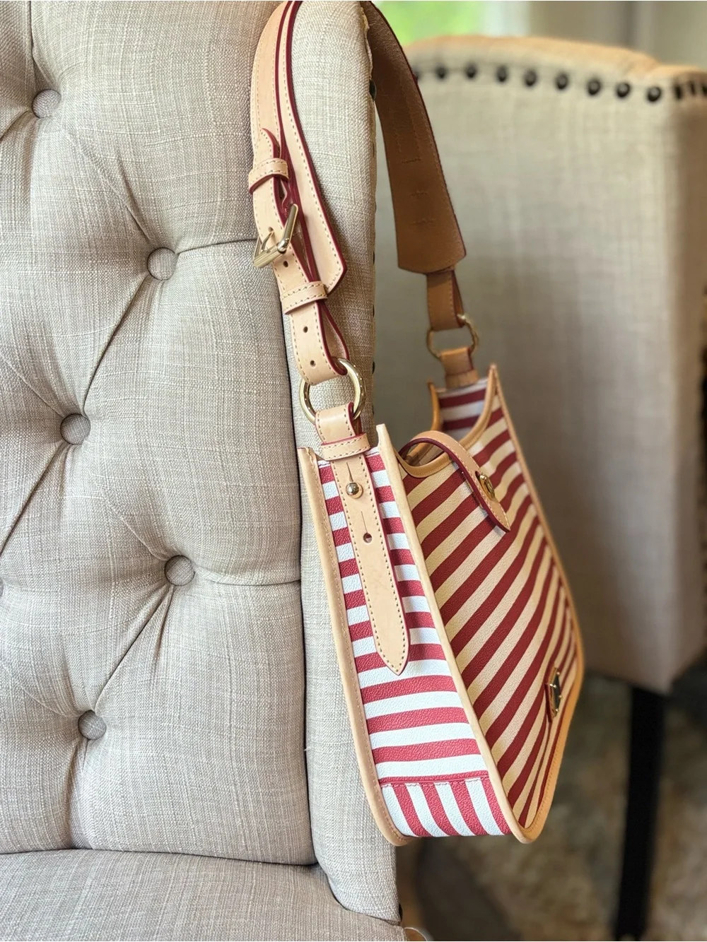 Dooney & Bourke Red and White Striped Shoulder/Messenger Bag with Tan Trim - Picture 3 of 8